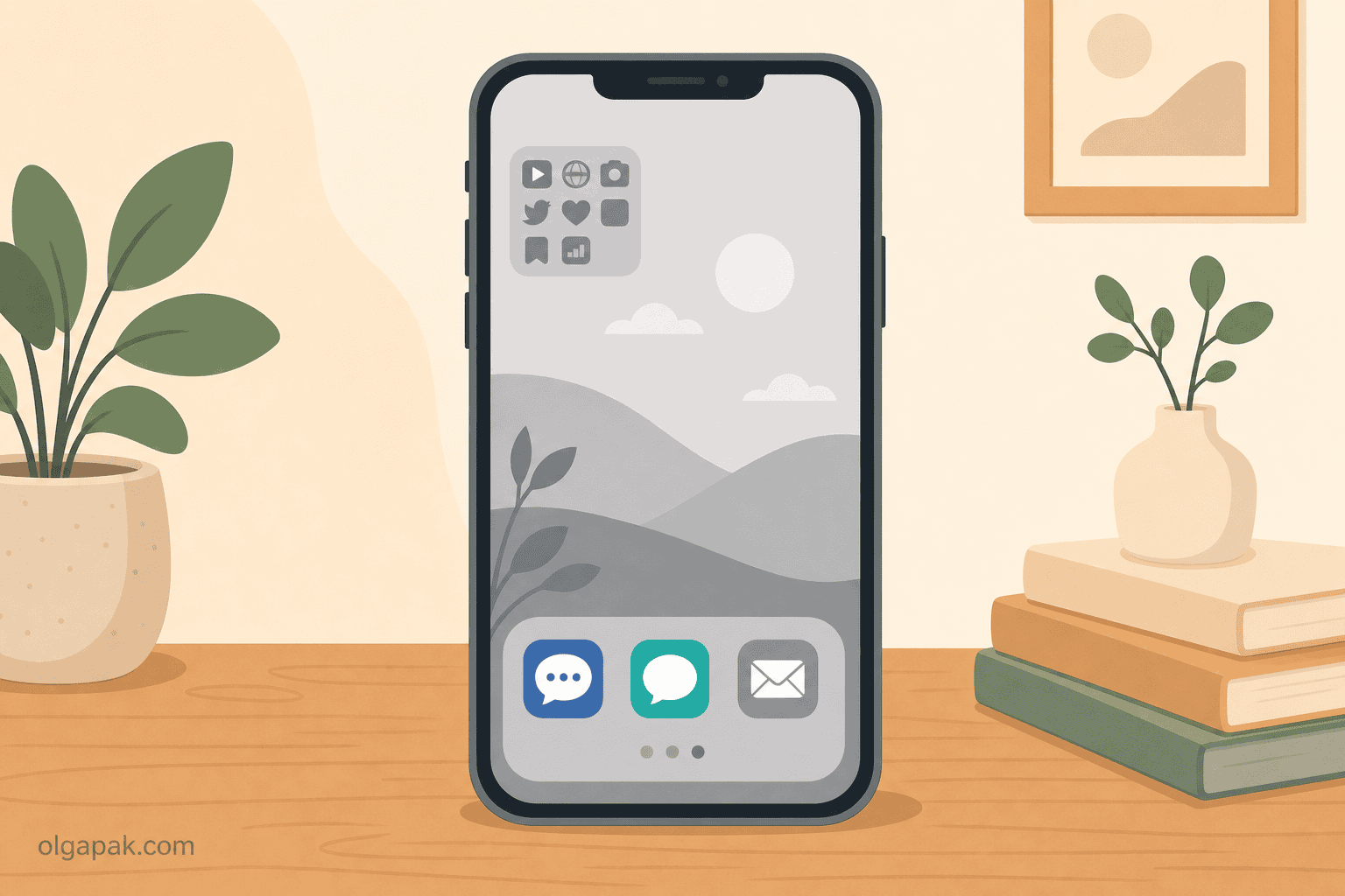 Grayscale phone with feed apps buried in a folder and messaging apps kept up front