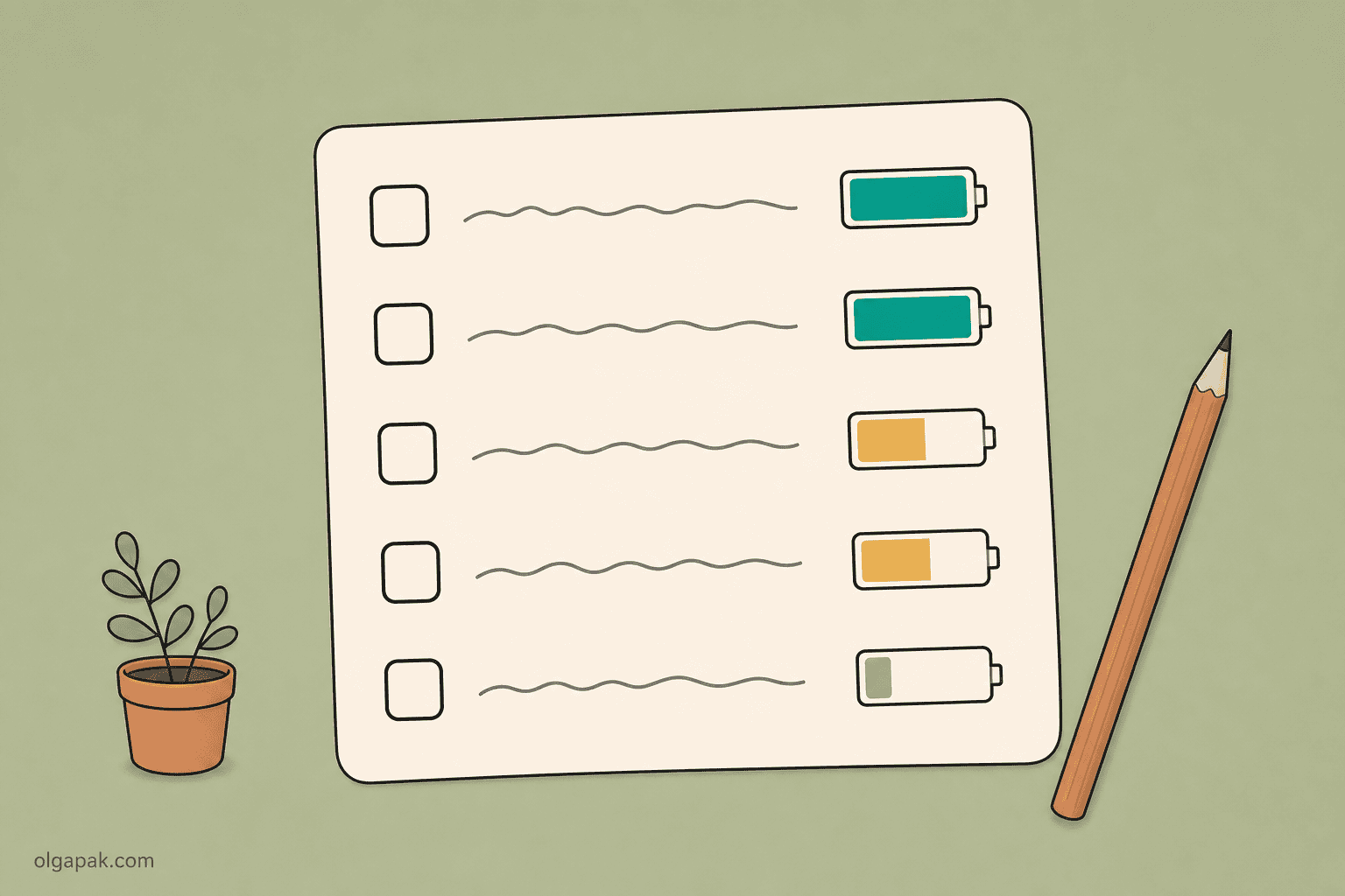 Task list tagged by mental battery level, full to low, instead of clock times