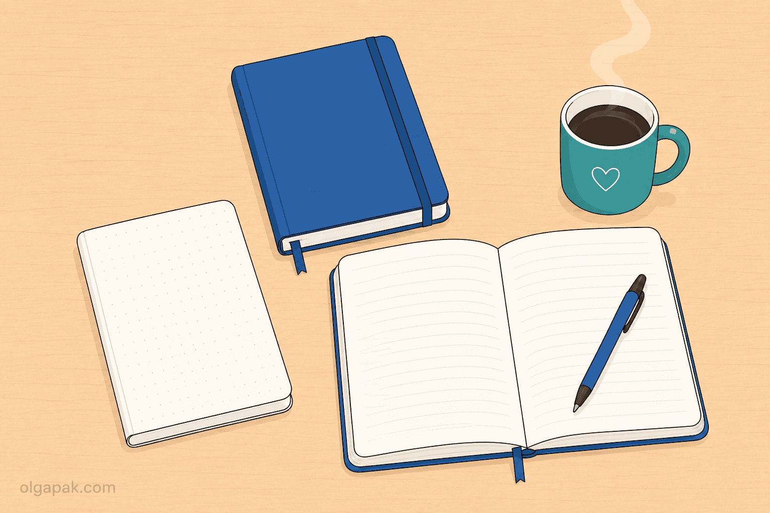 Two everyday notebooks on a desk beside a pen and a coffee mug, ready for note-taking