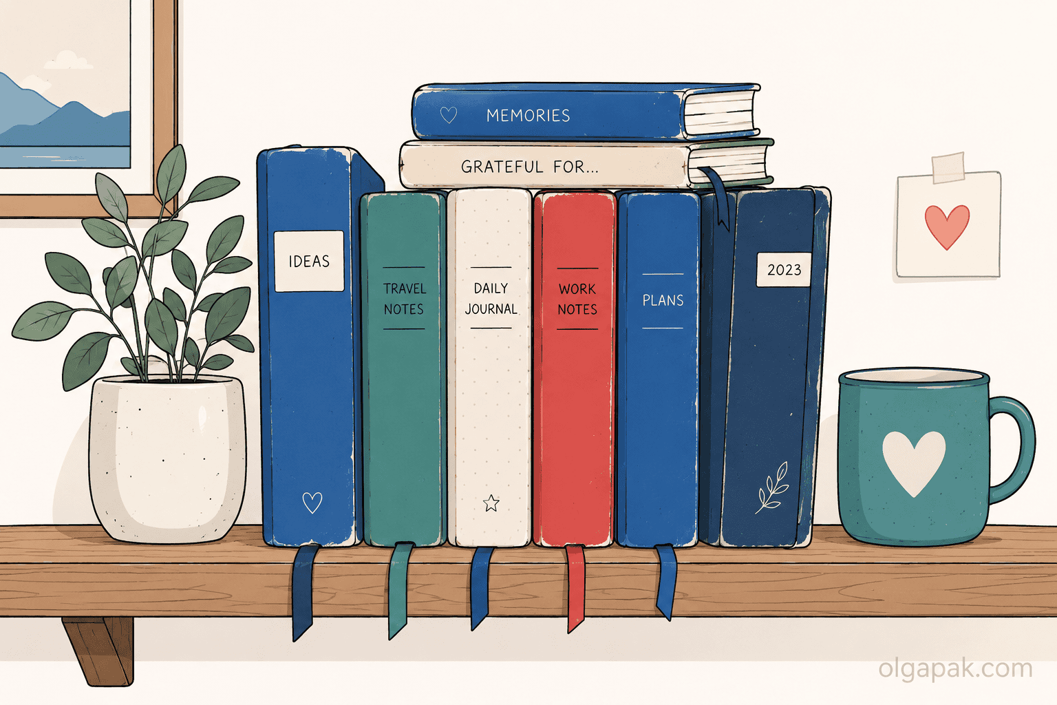 A shelf of finished, well-loved notebooks with worn spines and ribbon bookmarks