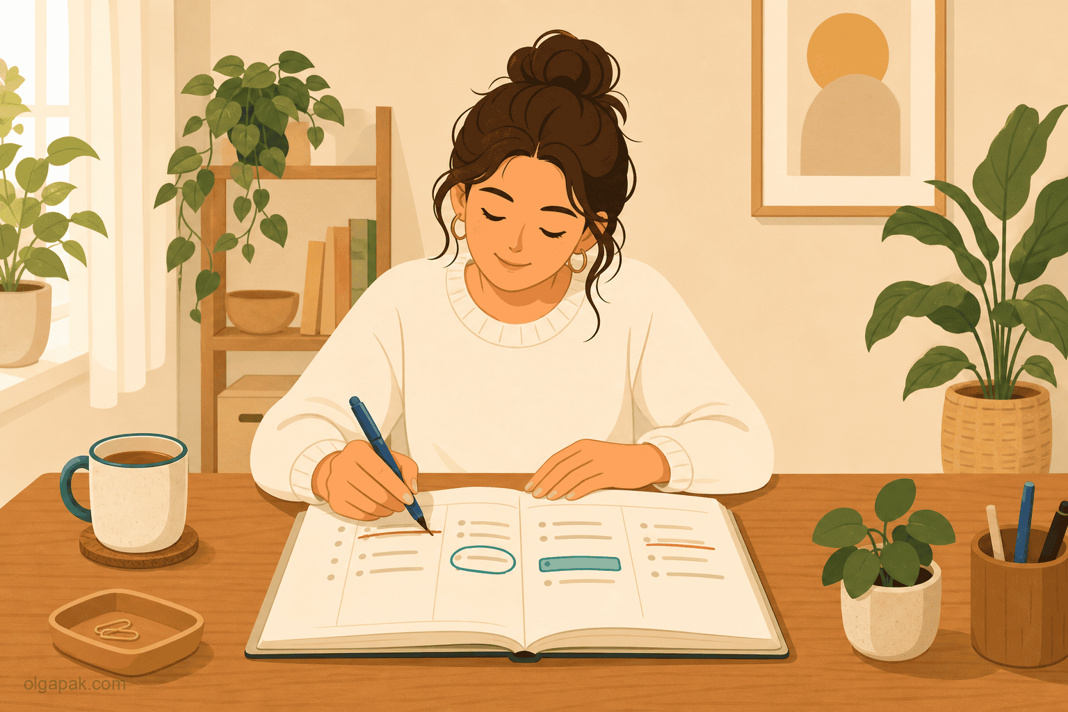 Woman at a desk midweek calmly crossing out tasks and re-prioritizing her week