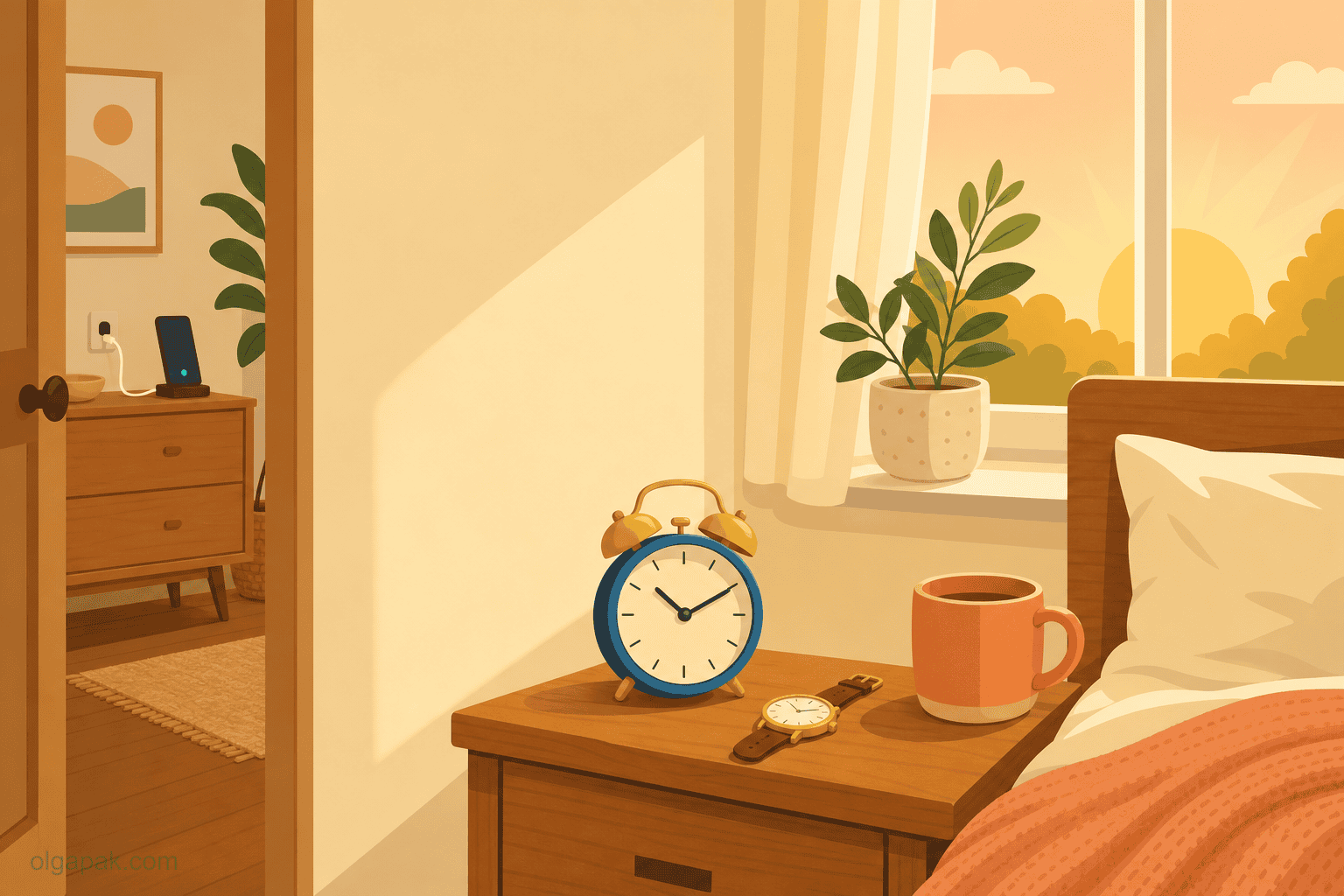 Sunrise nightstand with an alarm clock and wristwatch, phone charging in another room