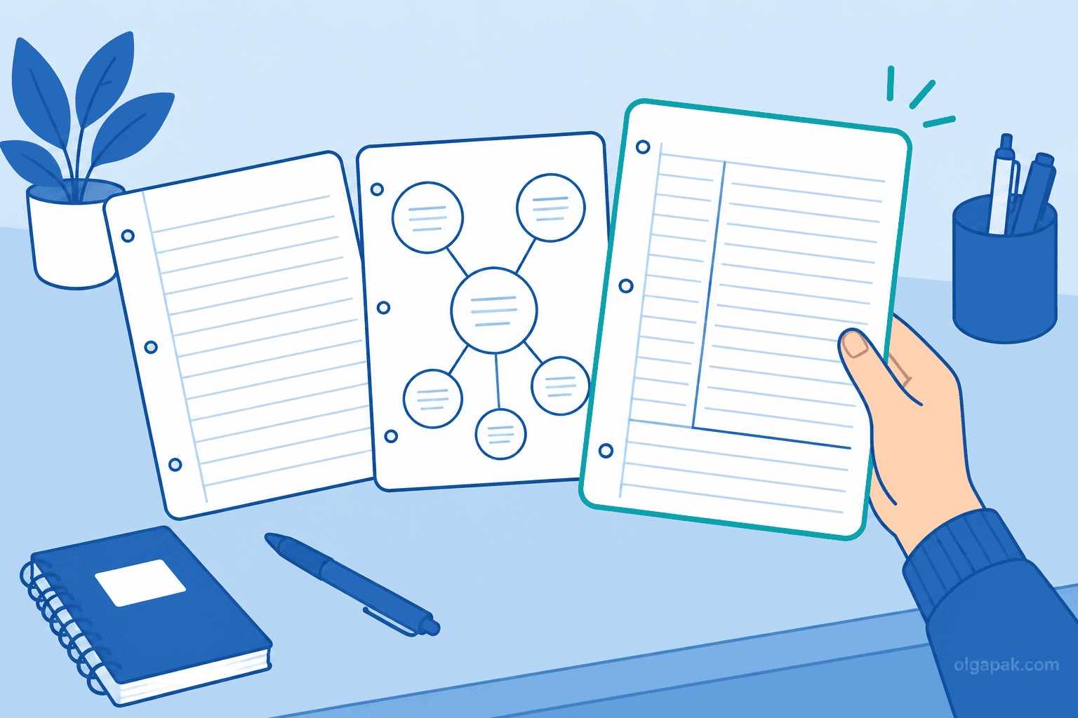 A hand choosing the Cornell layout from several note-page styles on a desk