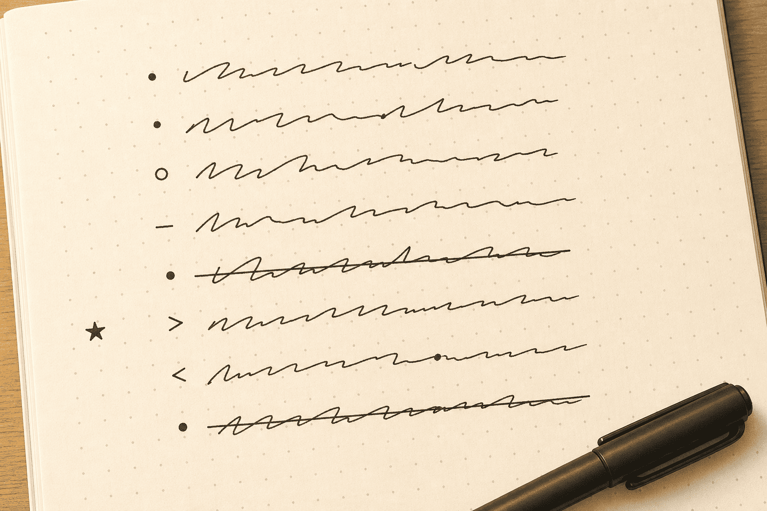 A daily log page with tasks, events and notes marked in ink, two lines crossed off