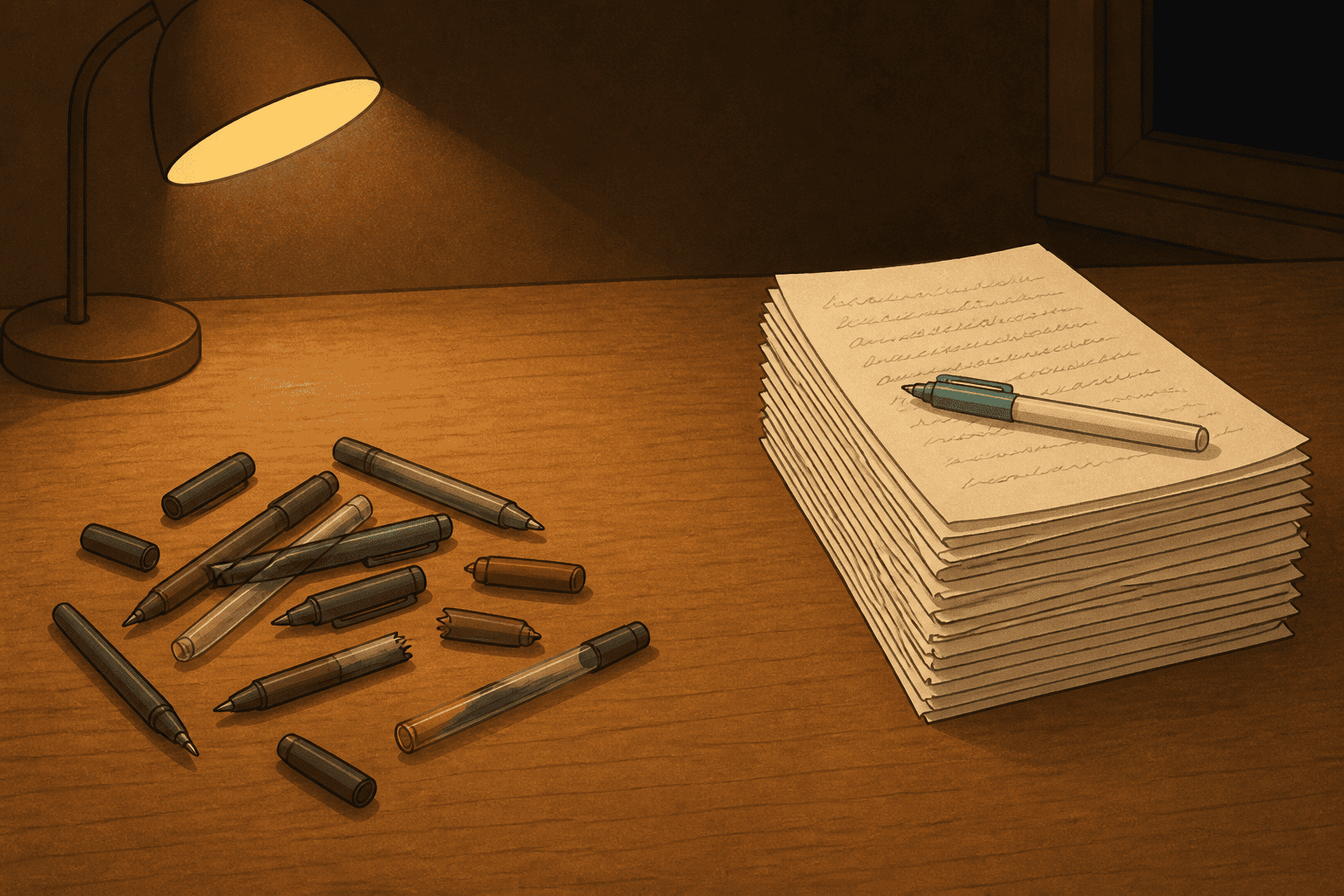 A heap of spent, capless pens beside a thick stack of finished handwritten notes at night