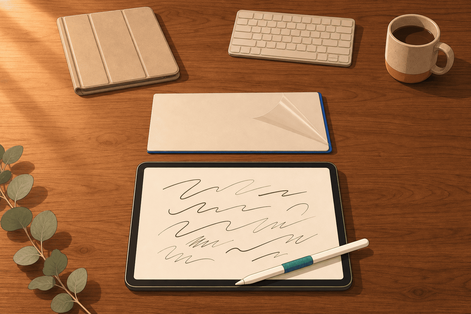 Overhead view of a tablet and stylus on a wooden desk, with a case and keyboard fading behind them