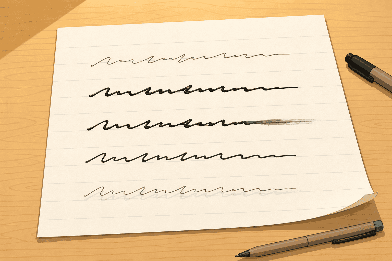 The same line written five times in different inks, one smeared and one showing through the page