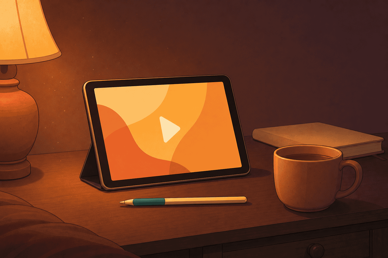 A tablet on a stand playing video in a dim room, with an untouched stylus and a cold mug beside it