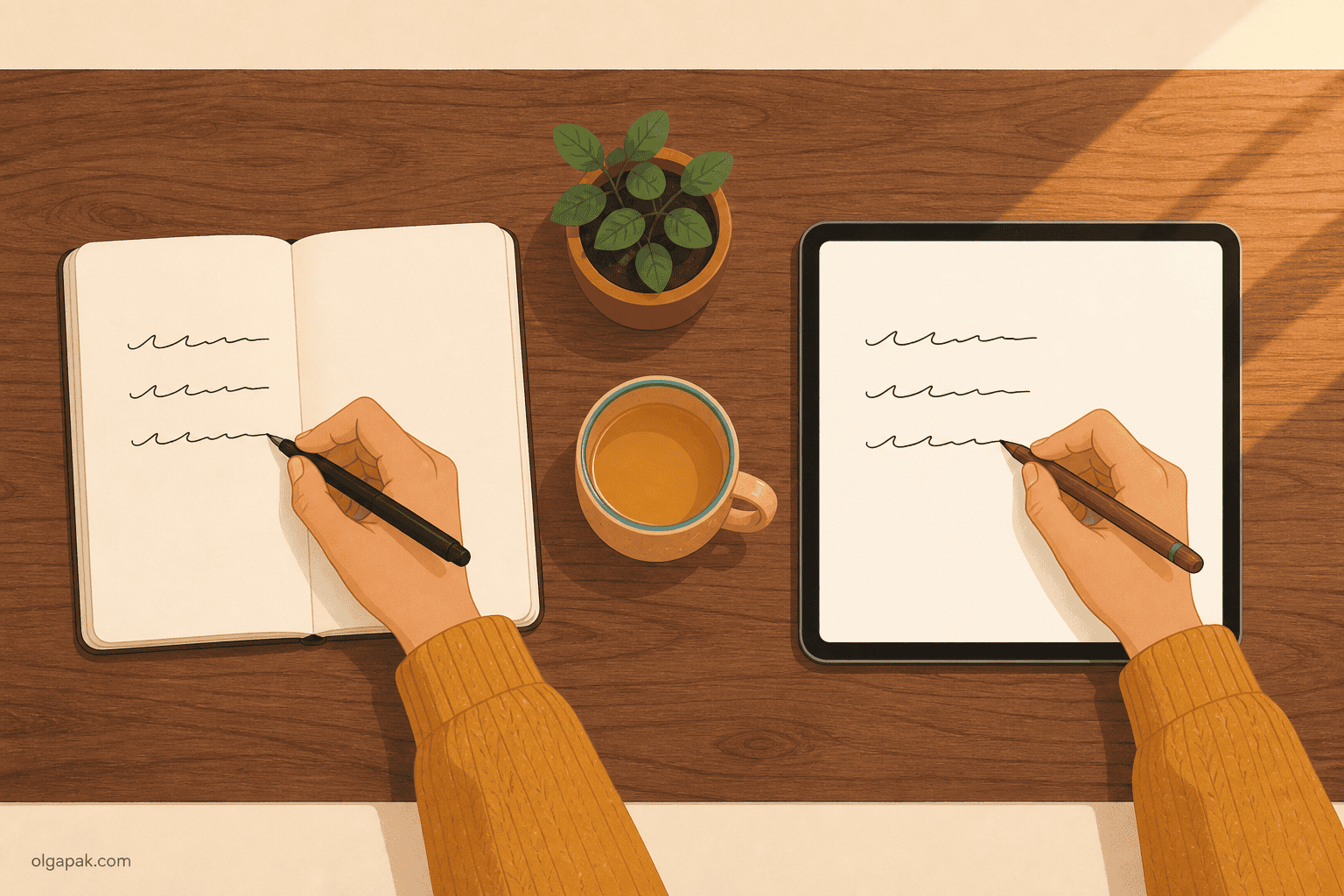 The same hand writing one sentence twice, once on paper and once on a tablet screen