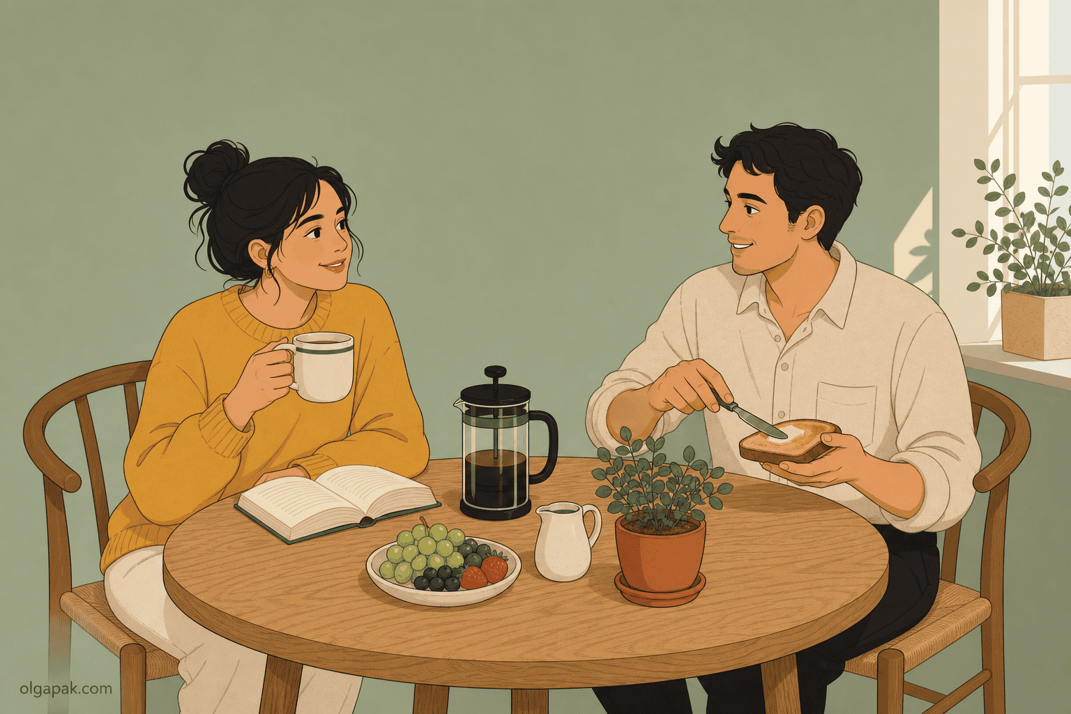 Two people sharing a slow breakfast with a book and coffee and no screens in sight