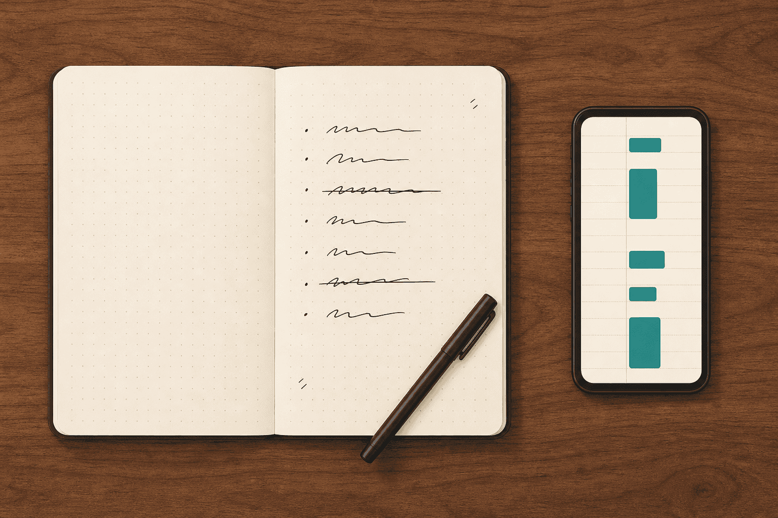 An open bullet journal beside a phone showing a day of timed calendar blocks
