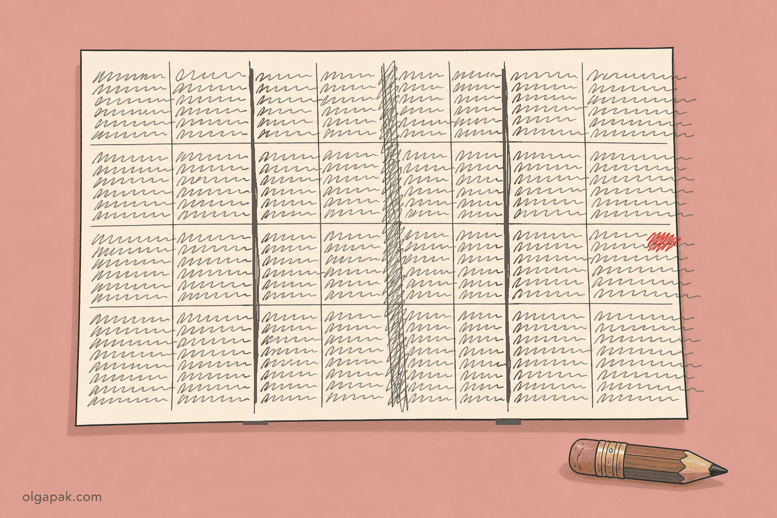 An overstuffed chart with too many narrow columns and long sentences spilling out of the cells