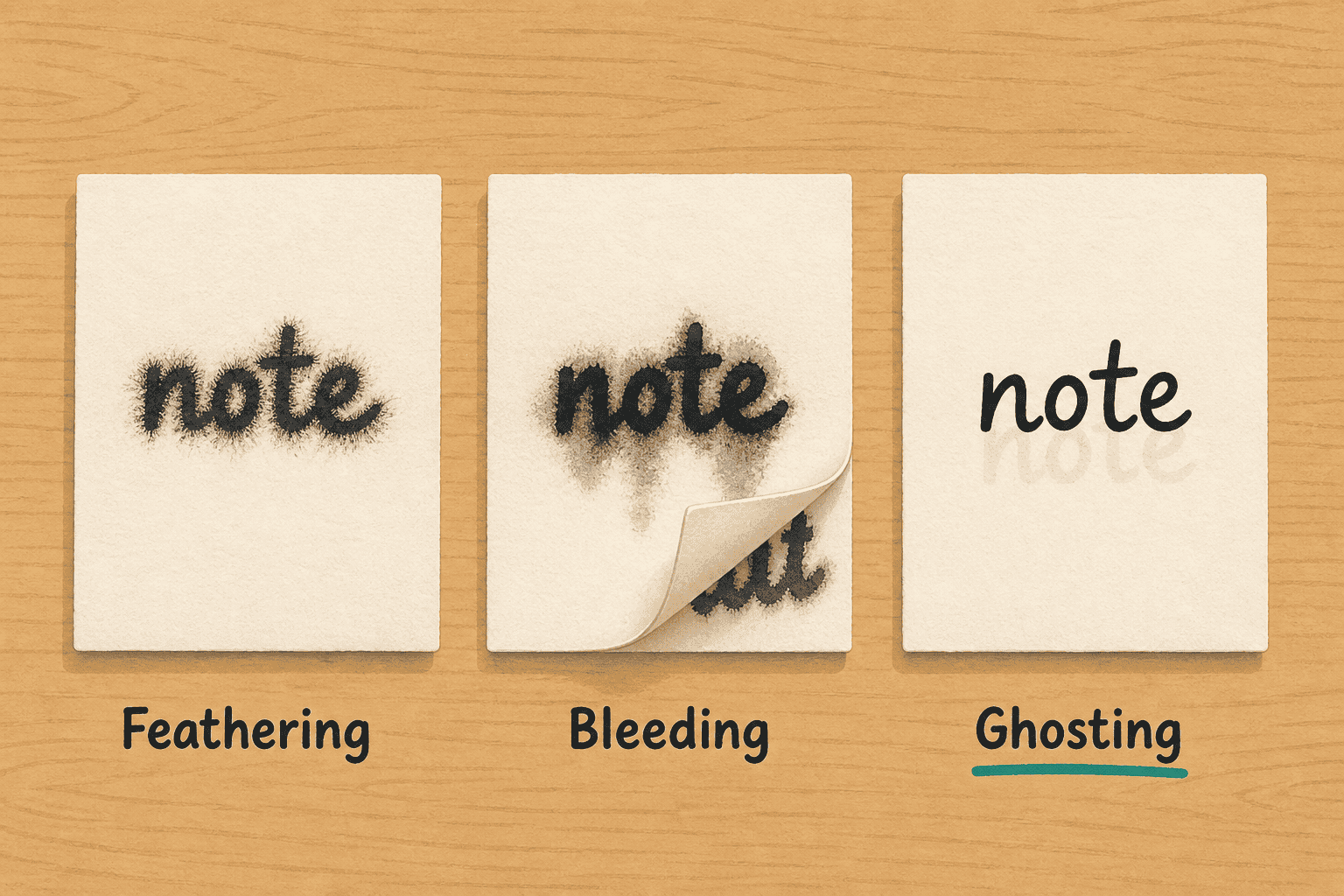 Three paper swatches showing feathering, bleed-through, and ghosting from the same pen