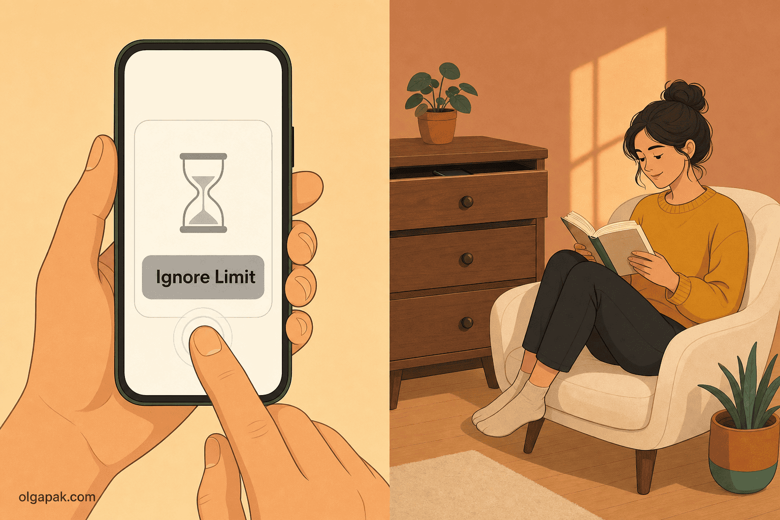 A thumb dismissing an app limit on one side, the same phone shut in a drawer on the other