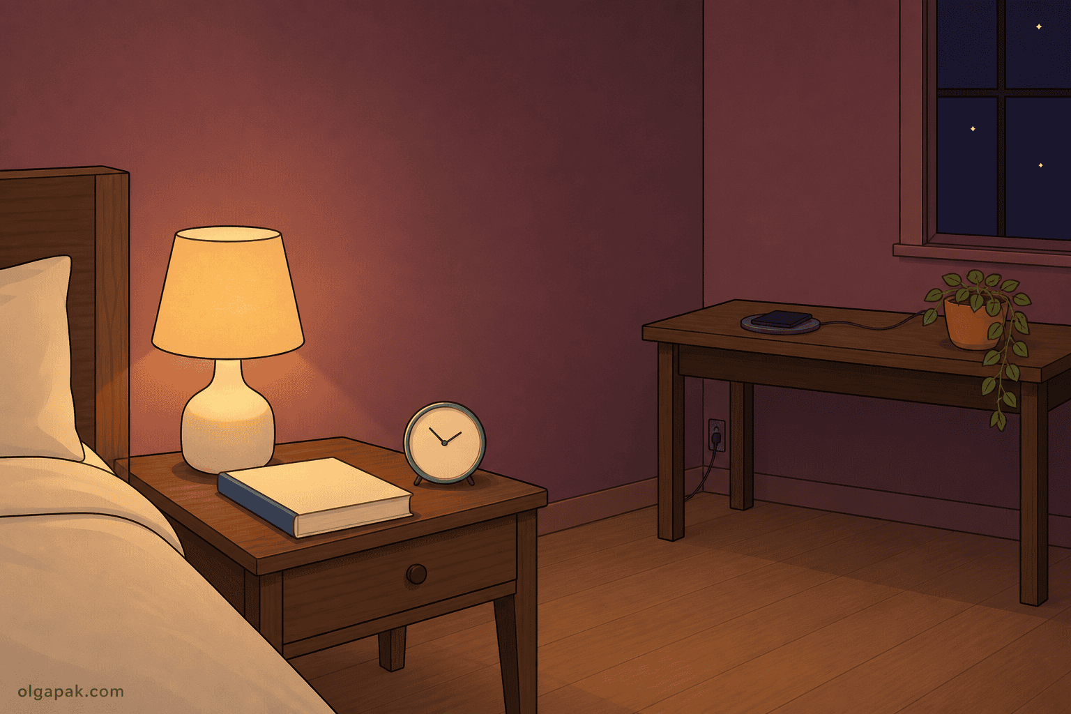 Bedside table with a book and alarm clock while the phone charges on a desk across the room