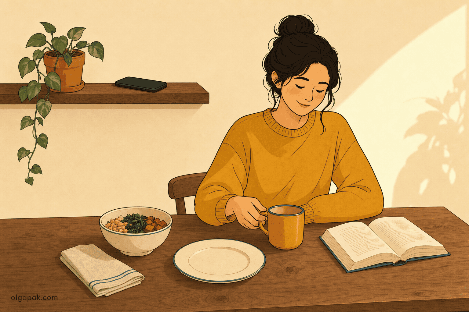 A wooden table set for a meal in warm light, phone left face-down on a far shelf