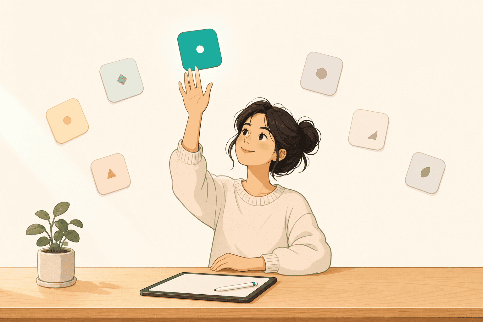 A woman choosing one note-taking app from several floating app tiles above her desk