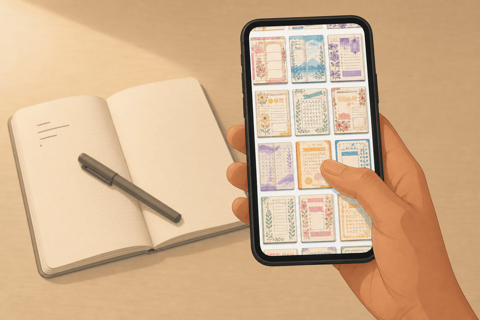 A phone scrolling decorated bullet journal spreads beside an ignored plain notebook
