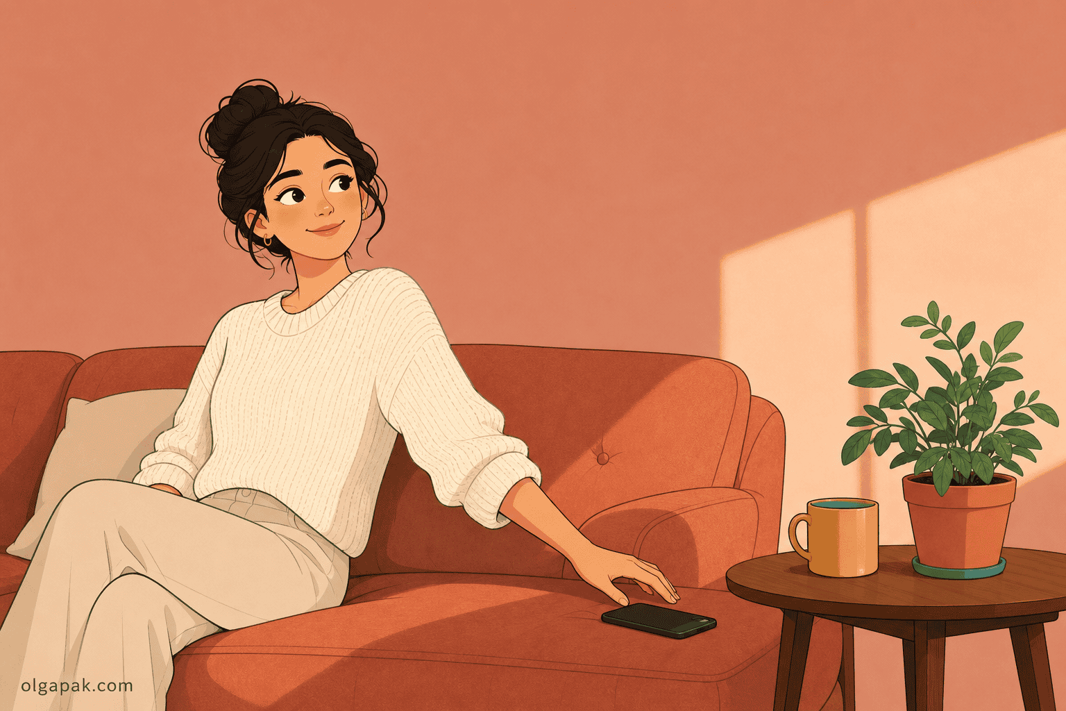 Person on a sofa calmly setting a phone face-down after catching themselves scrolling