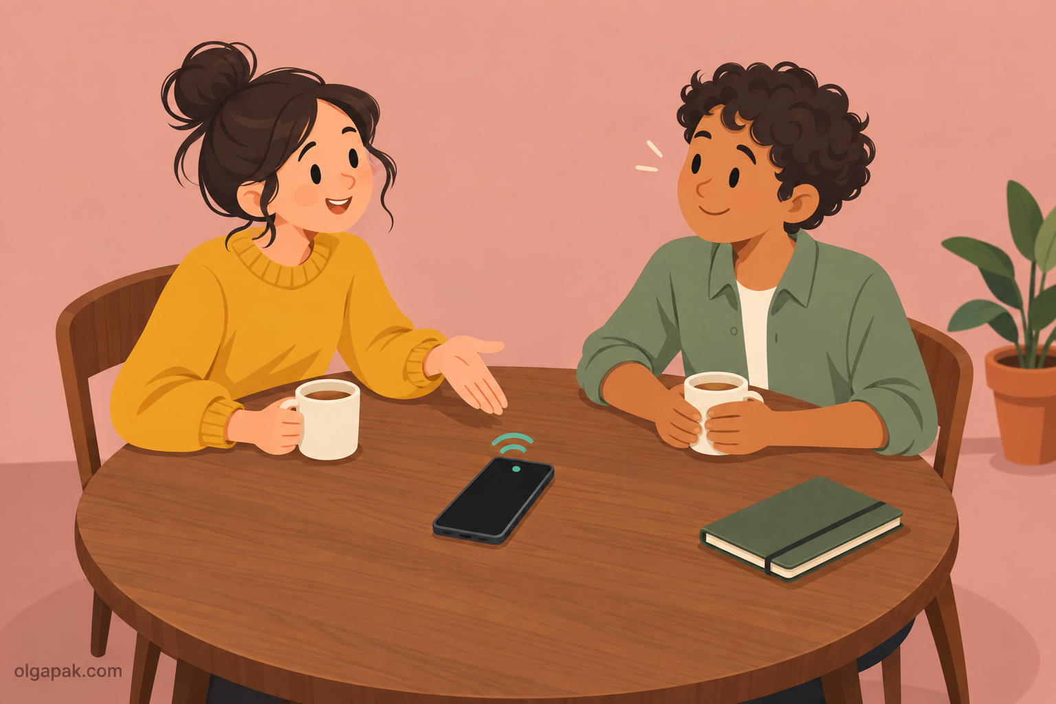 Two people at a table, one gesturing toward a phone lying face-up, asking before recording