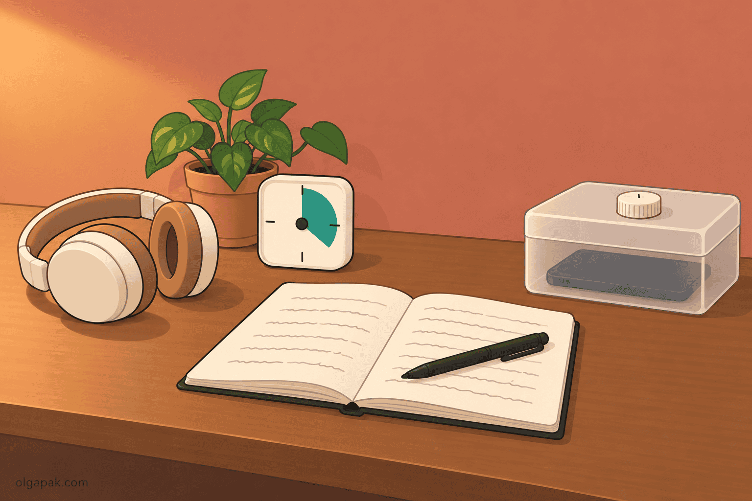 A calm desk corner with headphones, a visual timer, an open notebook, and a phone locked in a small box