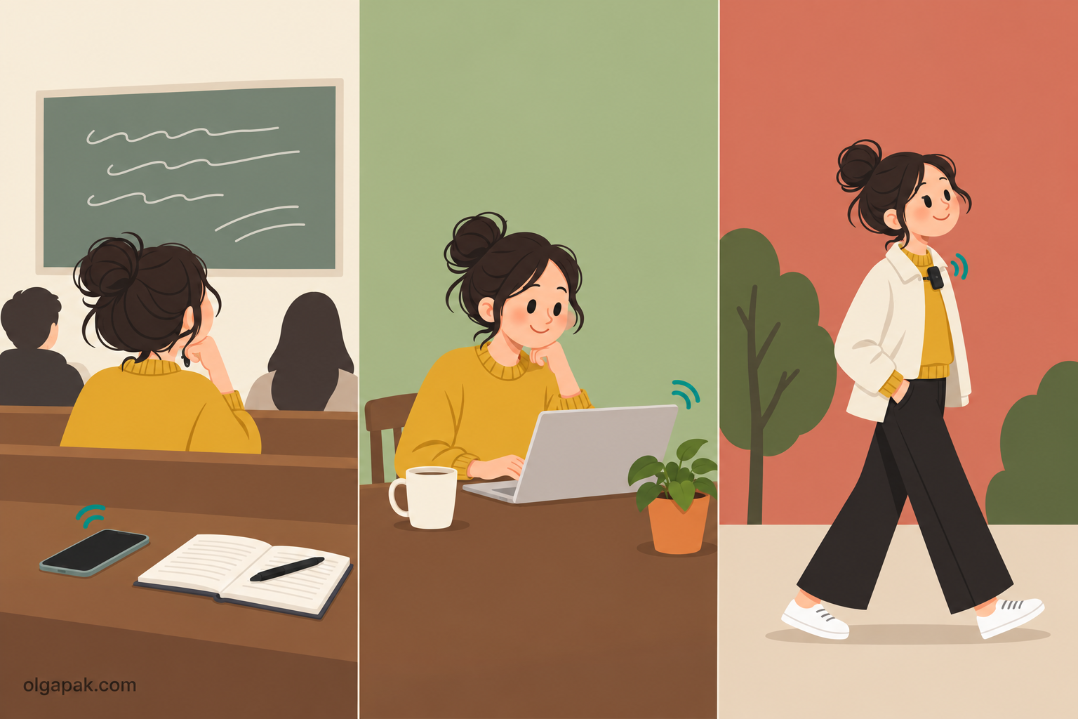 The same woman recording in three places: a lecture hall, a video call at home, and a walk