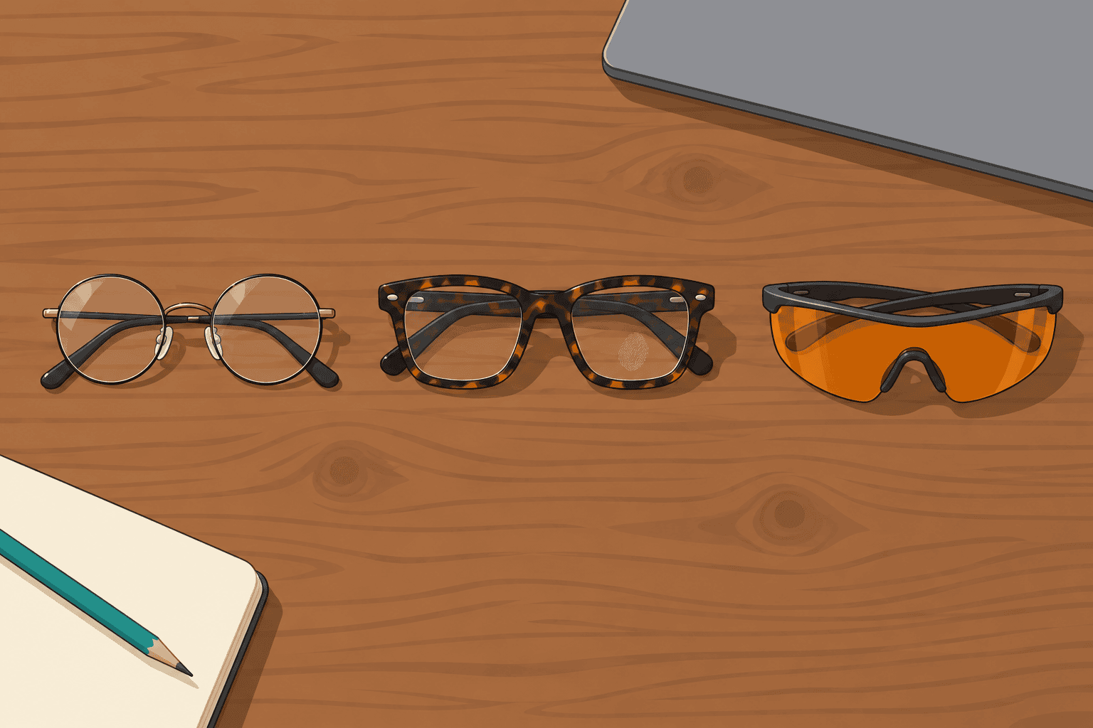 Overhead view of thin wire, chunky acetate and wraparound amber frames on a wooden desk