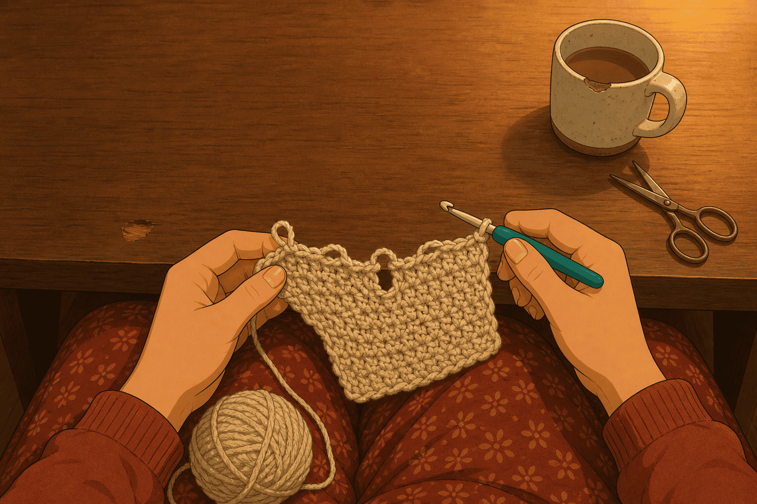 Hands crocheting an uneven half-finished square on a lap, with wool and a mug nearby