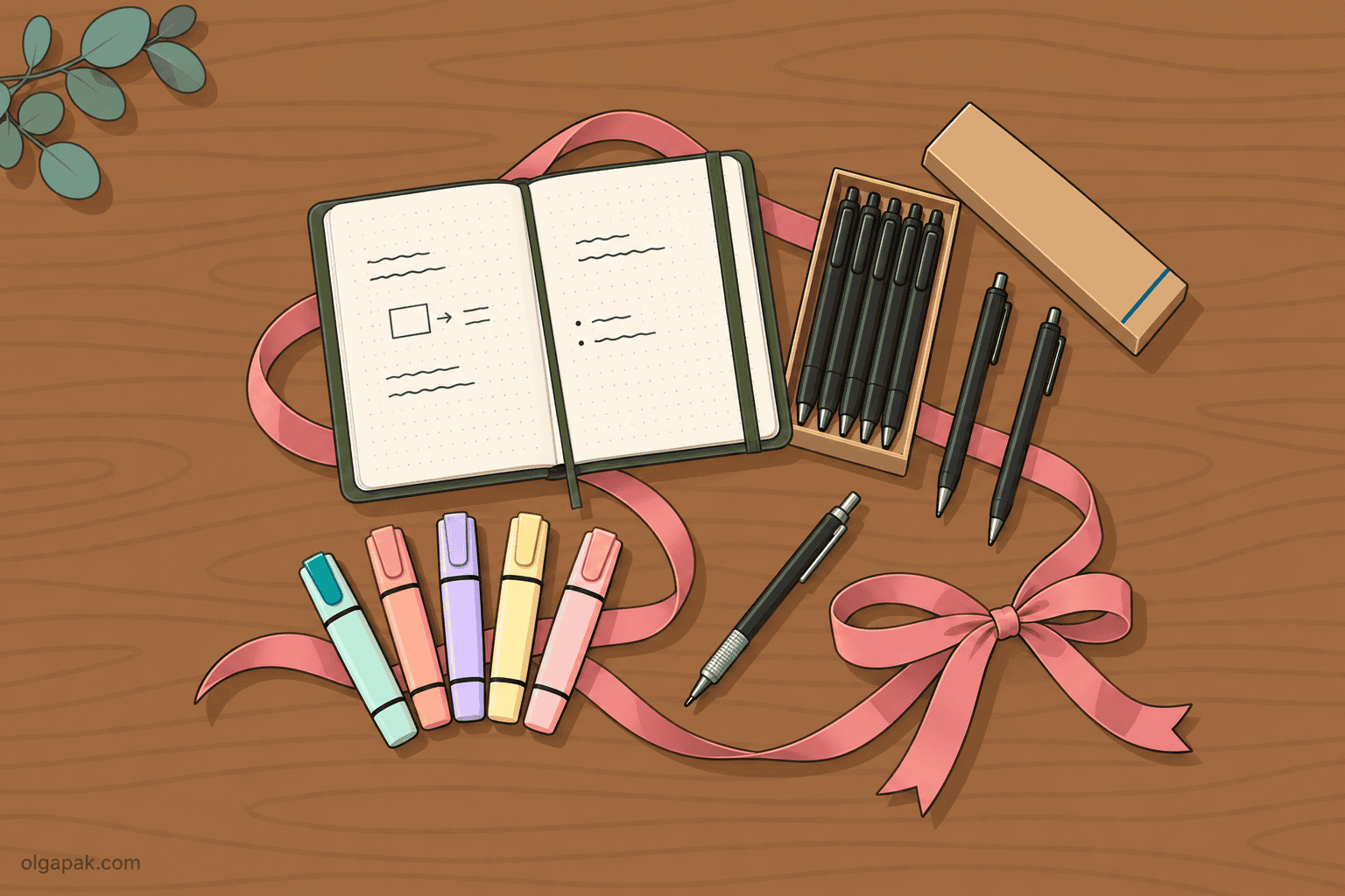 A dotted notebook, a box of black pens, fanned highlighters and a mechanical pencil tied with ribbon