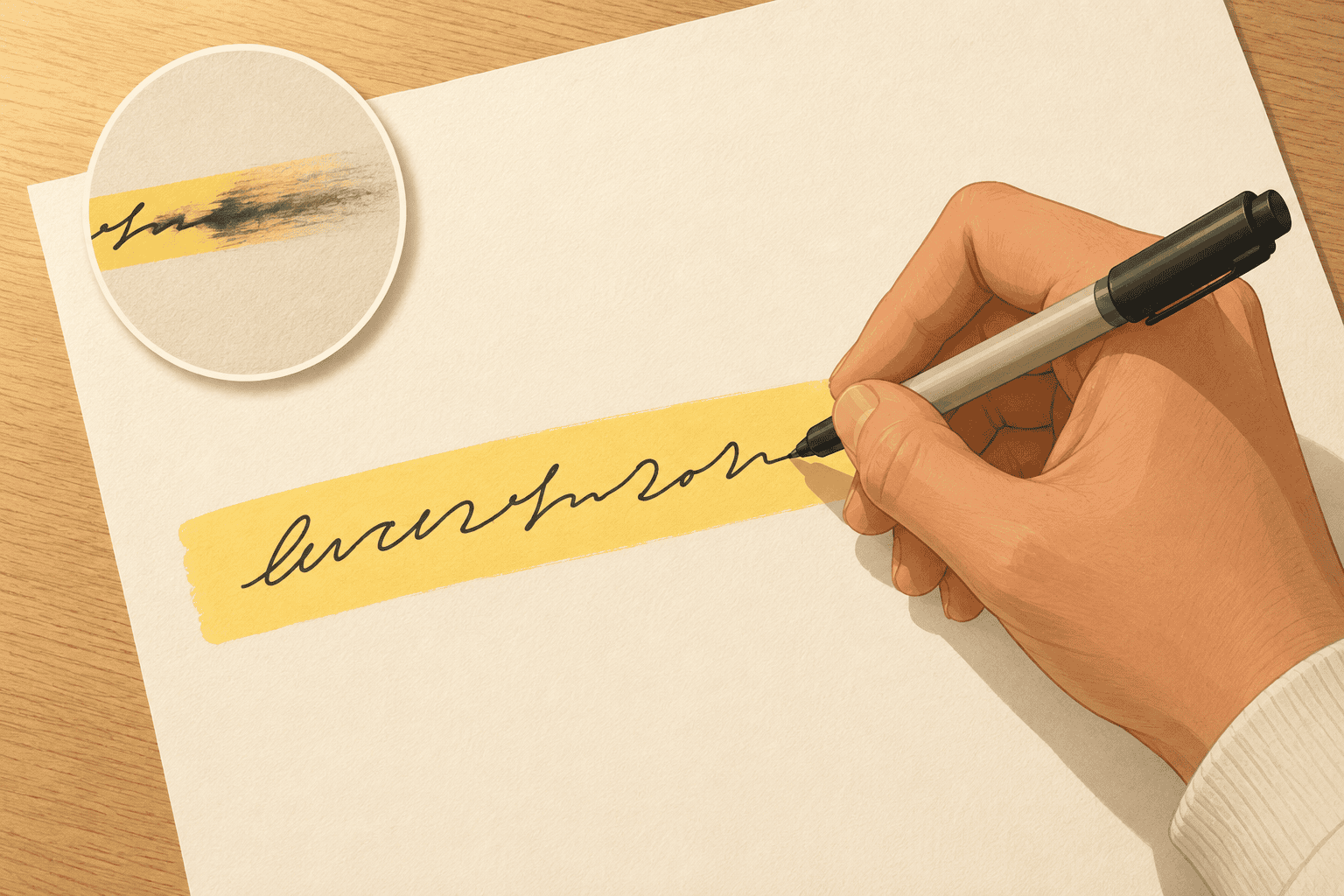 A hand writing a clean note over a dried highlighter band, beside an inset of smeared gel ink