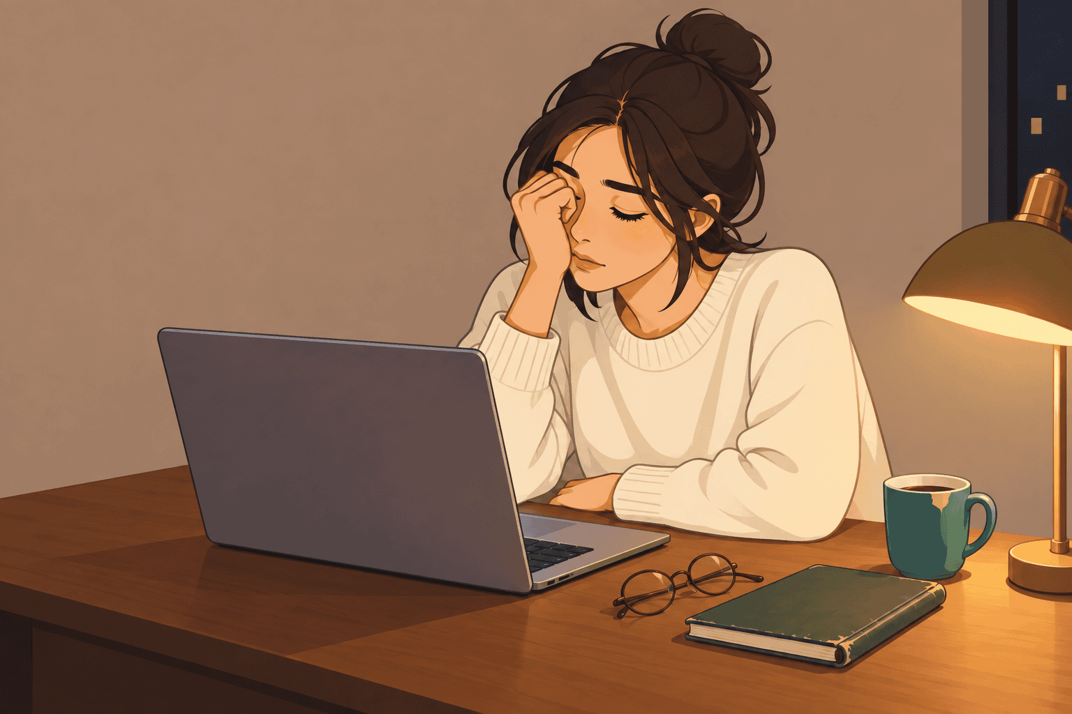 A student rubbing a tired eye at a bright laptop late at night, glasses set down beside the keyboard