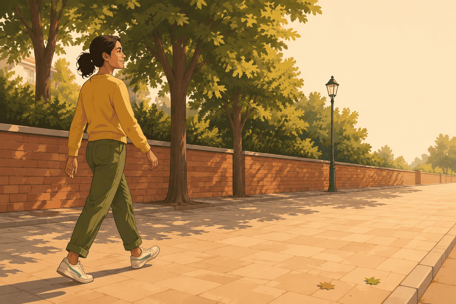 A woman walking an ordinary tree-lined path in warm afternoon light, hands empty and no headphones