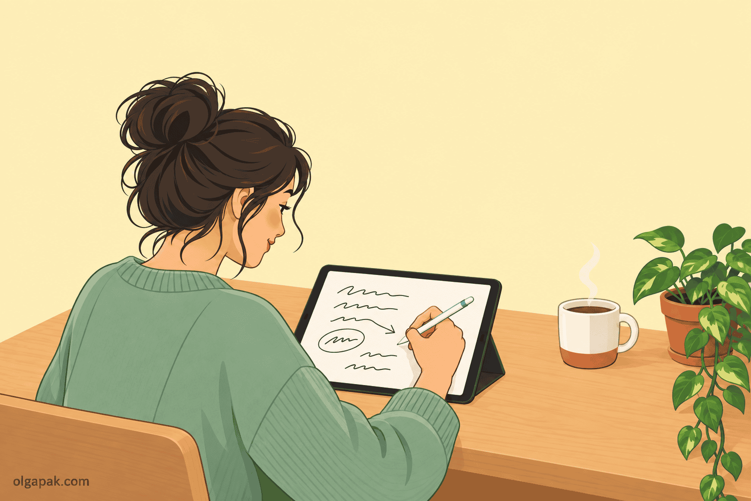 Over-the-shoulder view of a student handwriting notes on a tablet with a stylus, a mug and plant nearby