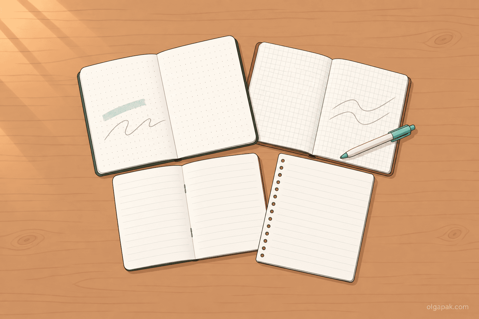 Three notebooks and a loose-leaf pad lying open to show dot-grid, grid and lined pages