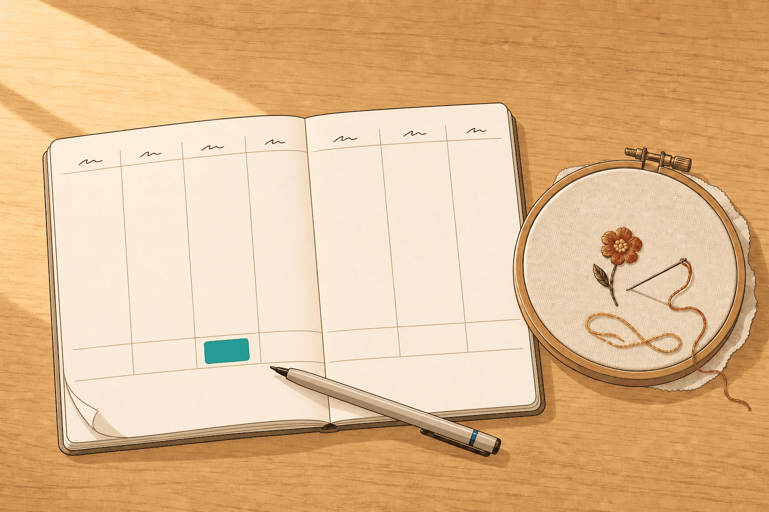 An open paper planner with one evening blocked out, an embroidery hoop resting beside it