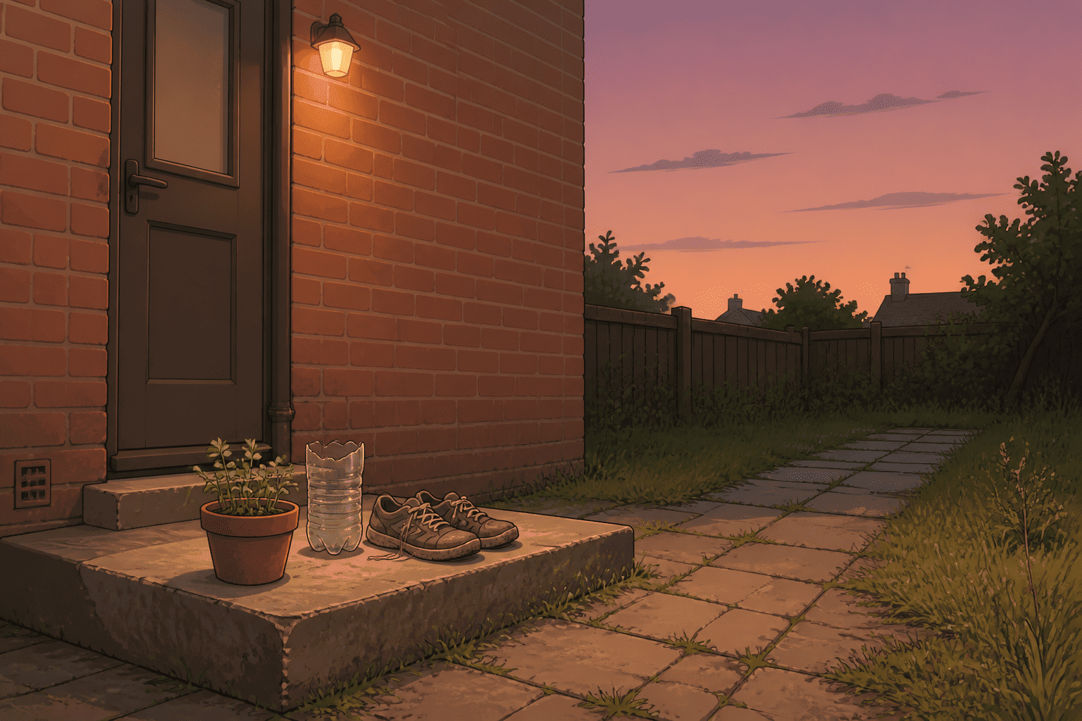 A small pot of herb seedlings on a worn doorstep beside a garden path at dusk