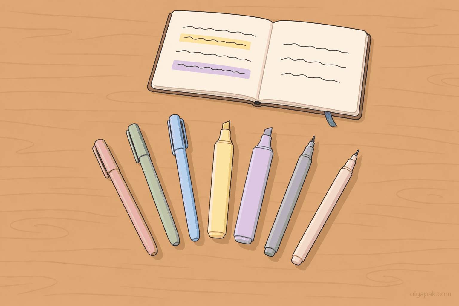 Gel pens, pastel highlighters and fineliners fanned out on a warm desk beside an open notebook