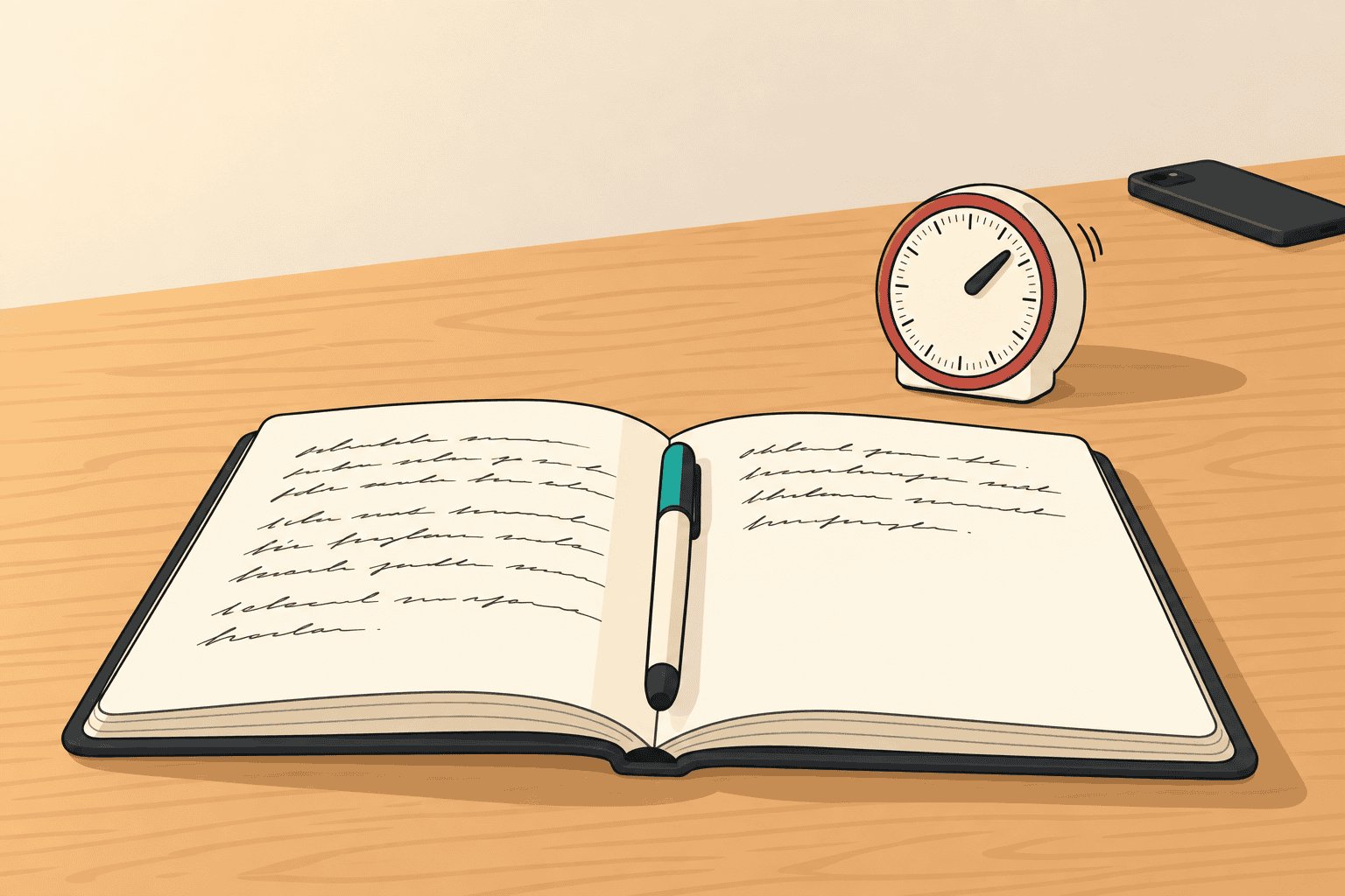 A desk mid-session: a running kitchen timer, an open notebook, and a phone face-down out of reach