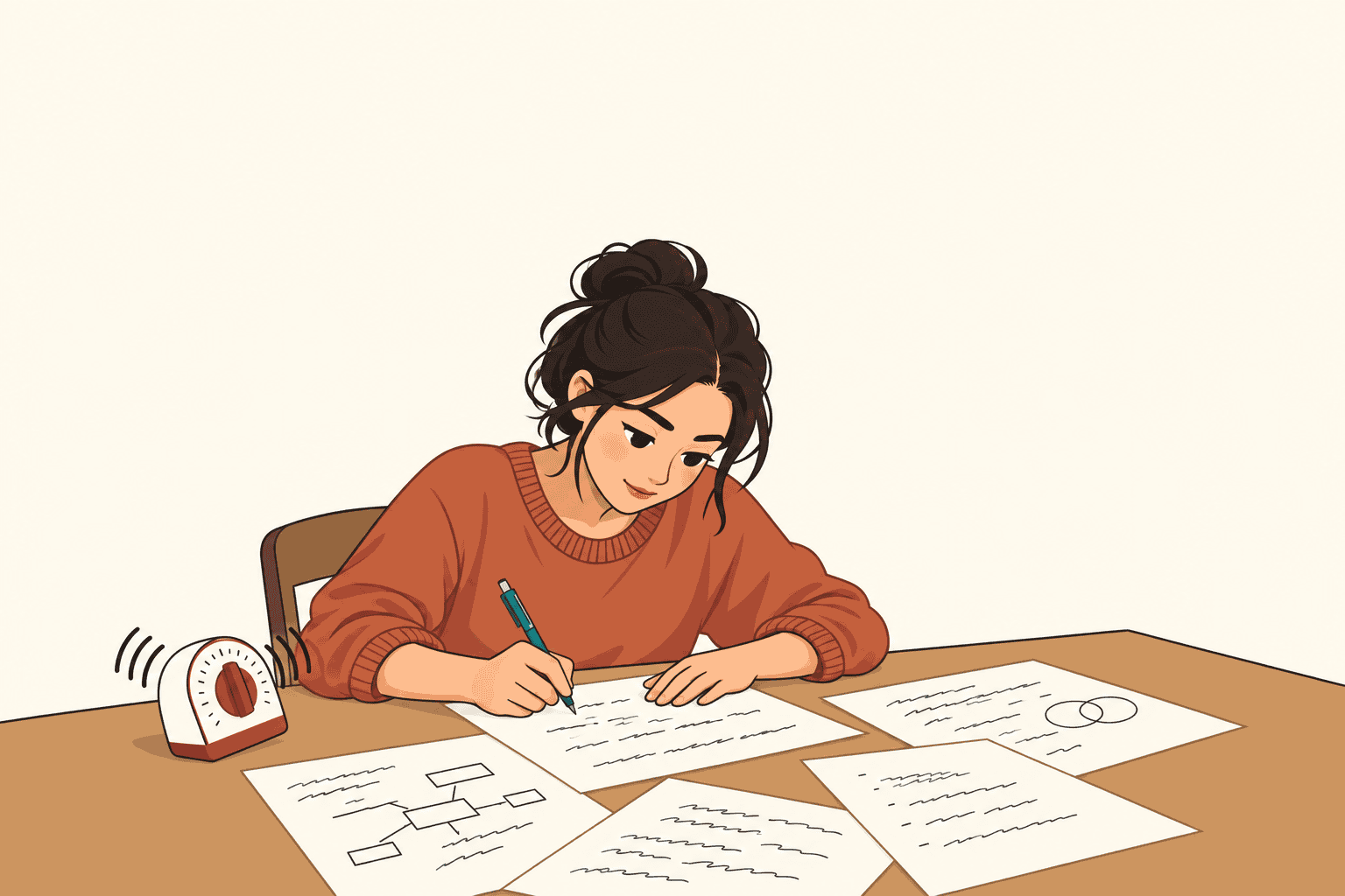A woman absorbed in working notes while the timer beside her rings unnoticed