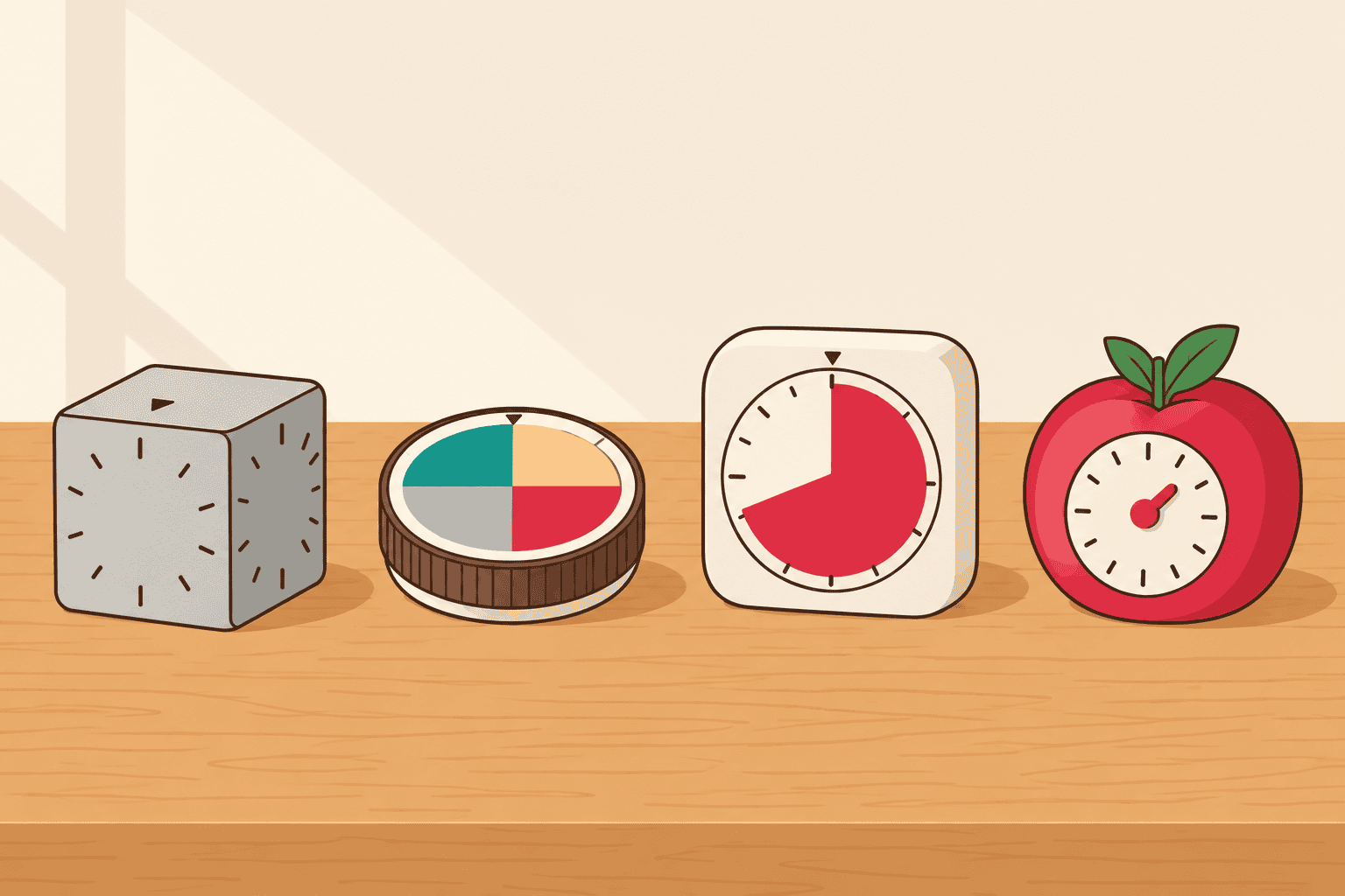 Four physical focus timers in a row: a flip cube, a rotating dial, a red disc timer and a tomato timer