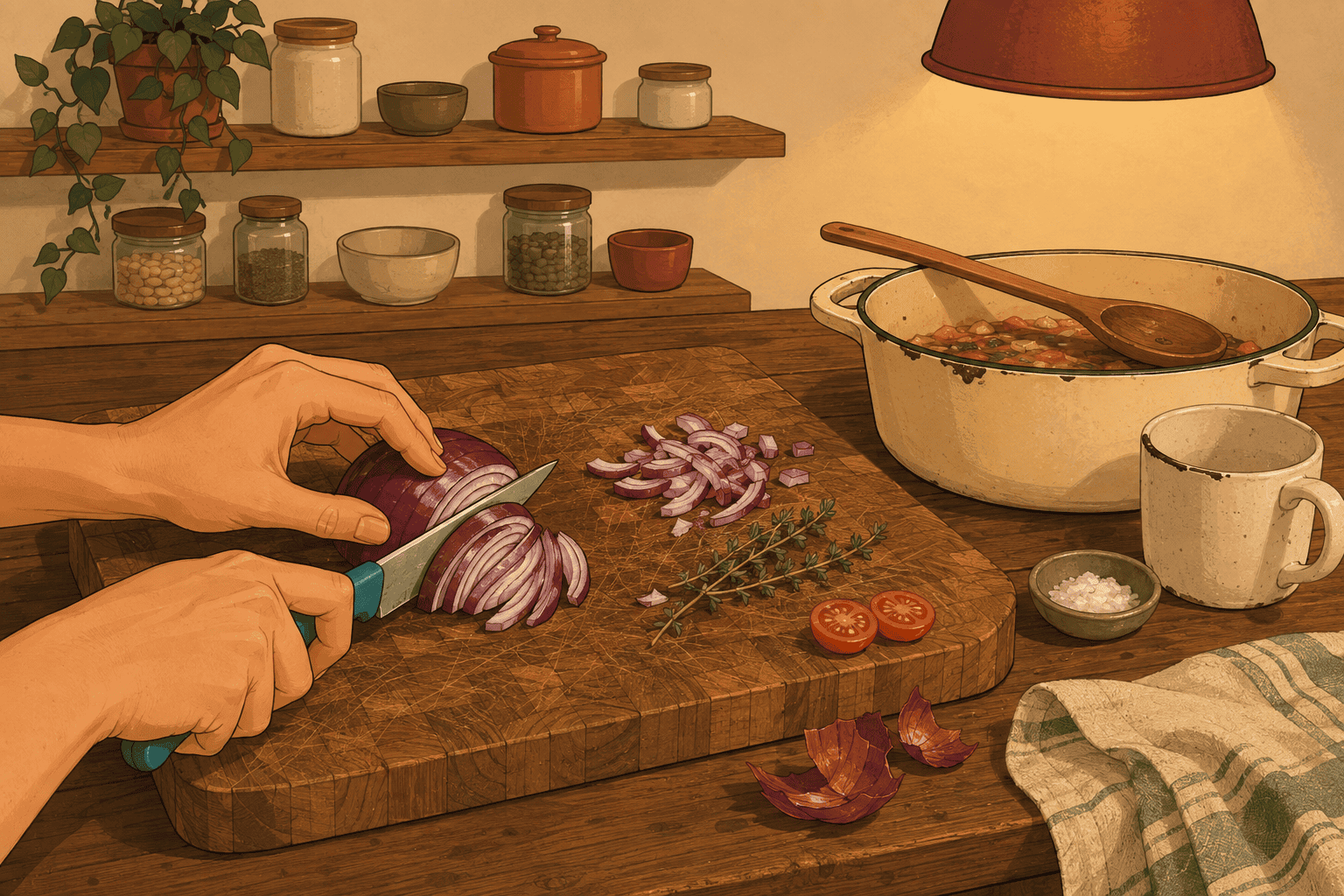Hands slicing vegetables on a worn board at a warm lamp-lit kitchen table, with no screen in sight