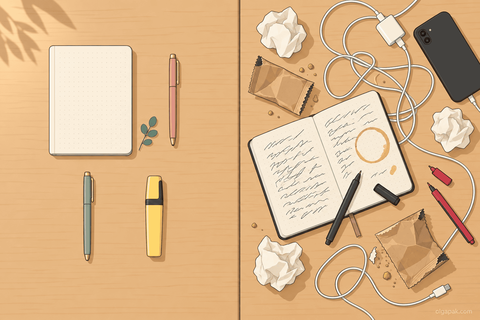 A staged pastel stationery flat-lay on the left and a real working desk with crumpled notes on the right