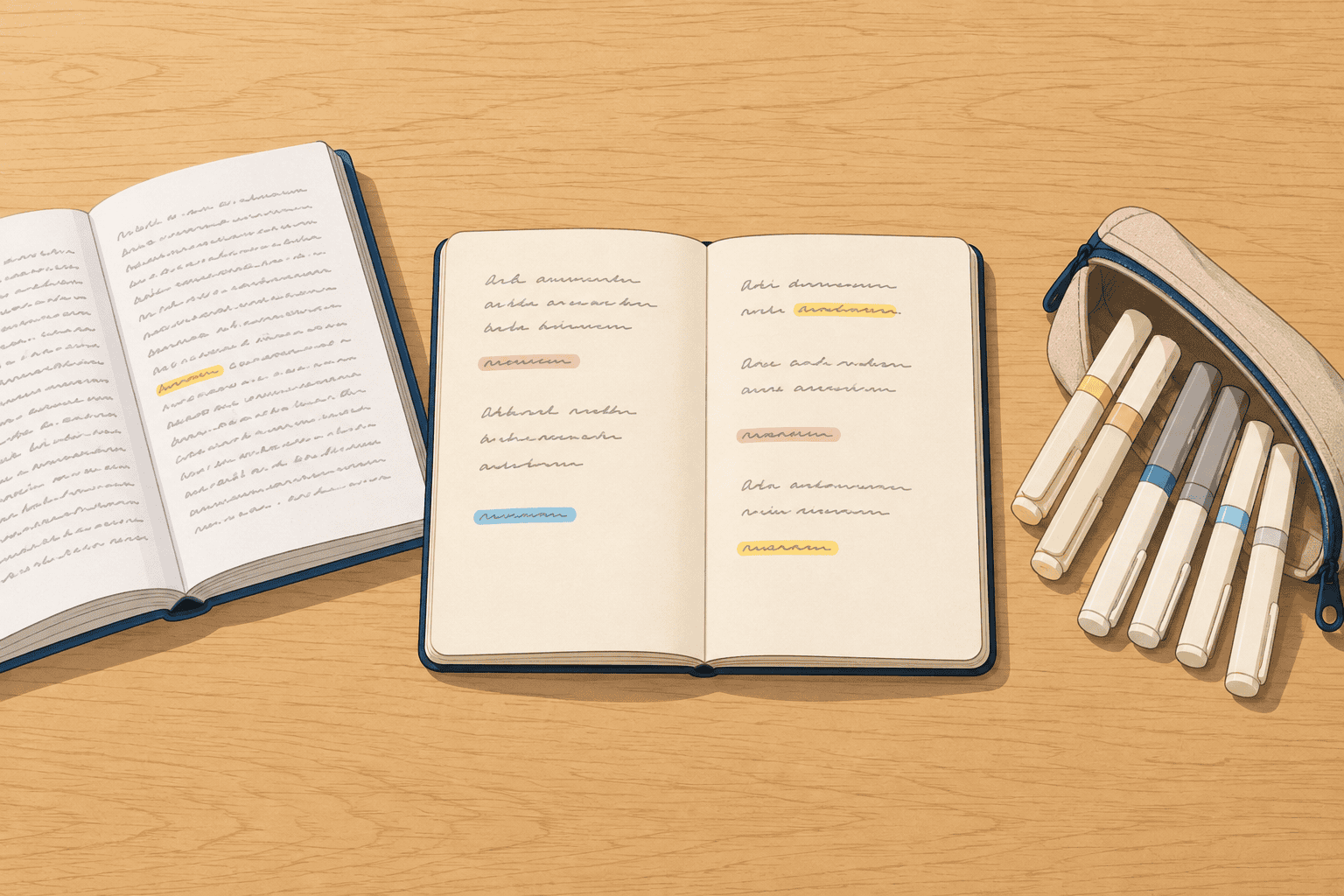 An open notebook marked in only three colours beside a textbook and a case of highlighters