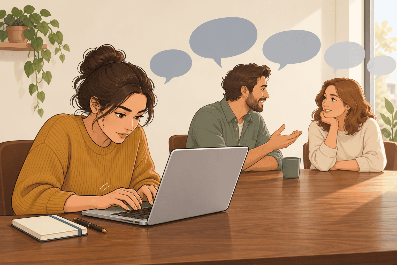 A woman typing hard at a meeting table while speech bubbles drift past her uncaught