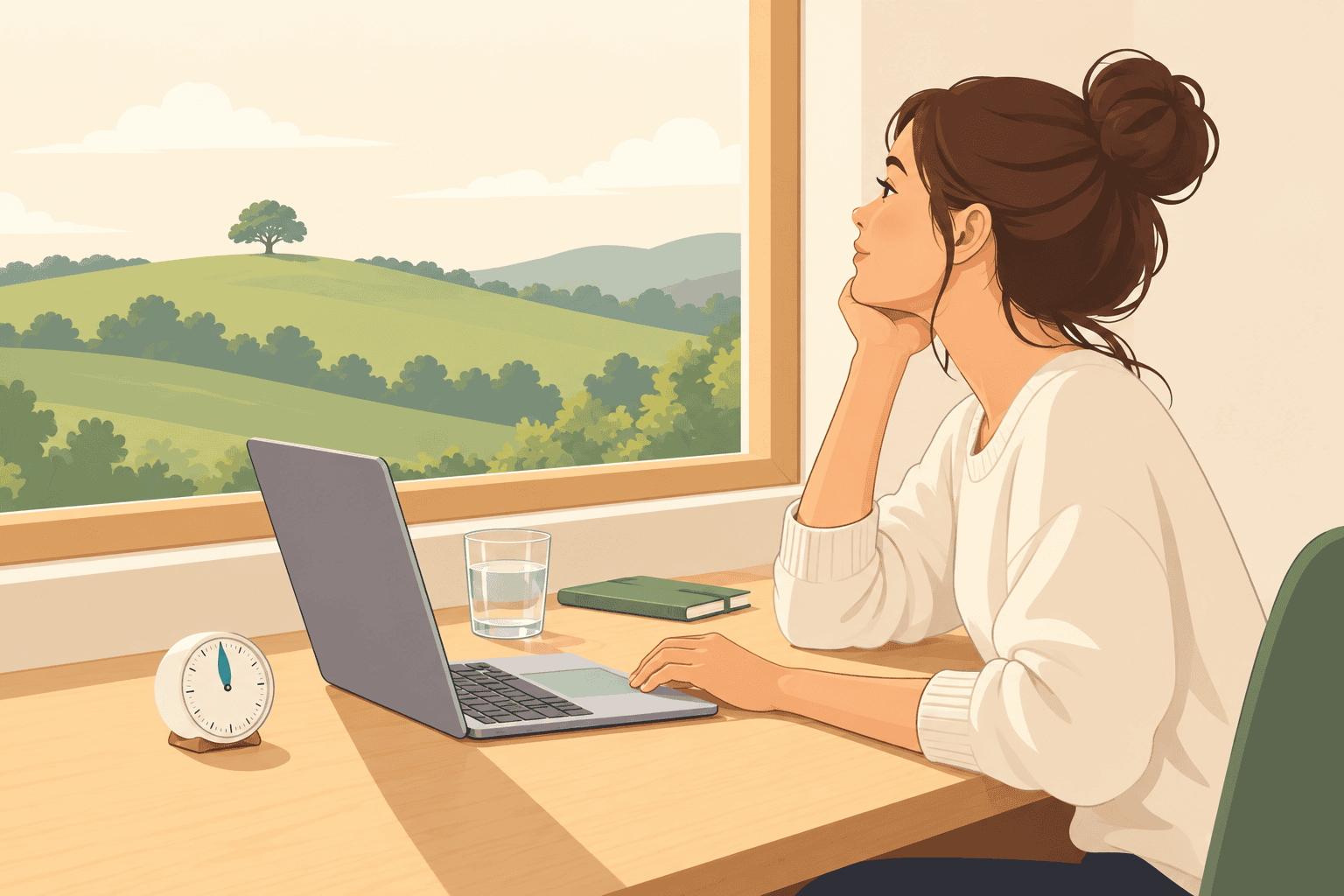 A student at a desk by a window looking up from her laptop towards a distant tree, timer on the desk