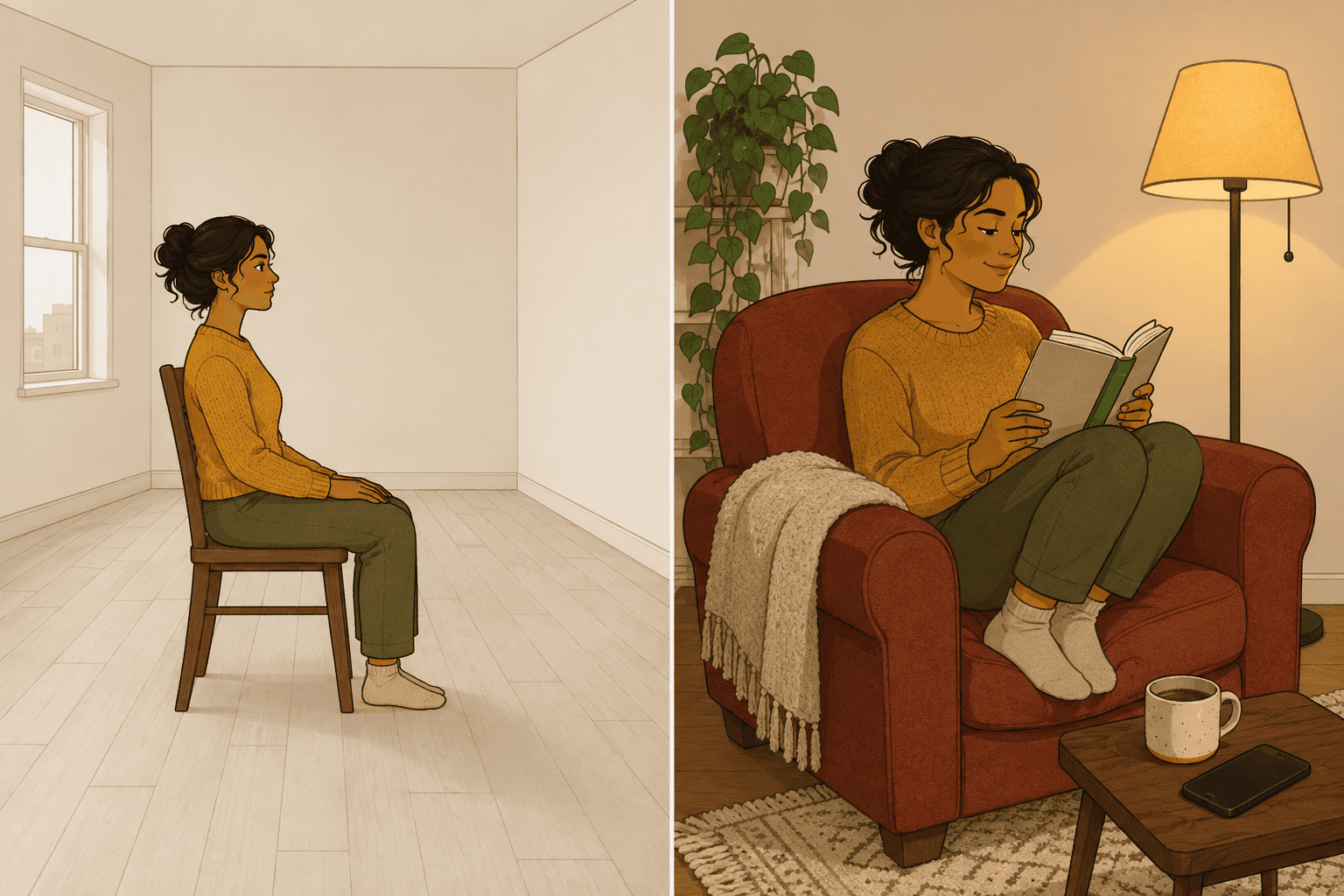 Two panels: the same woman on a hard chair facing a bare wall, then reading in a warm lamp-lit armchair